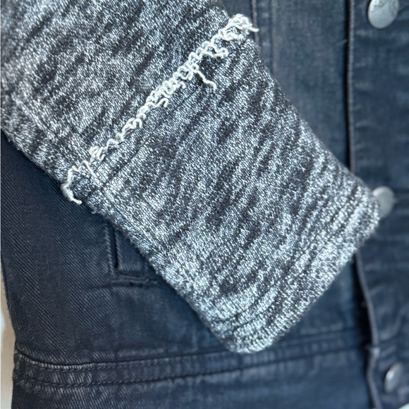 Free People Distressed Black Denim Jacket with Grey Knit Sleeves & Hood in XS - Picture 6 of 12
